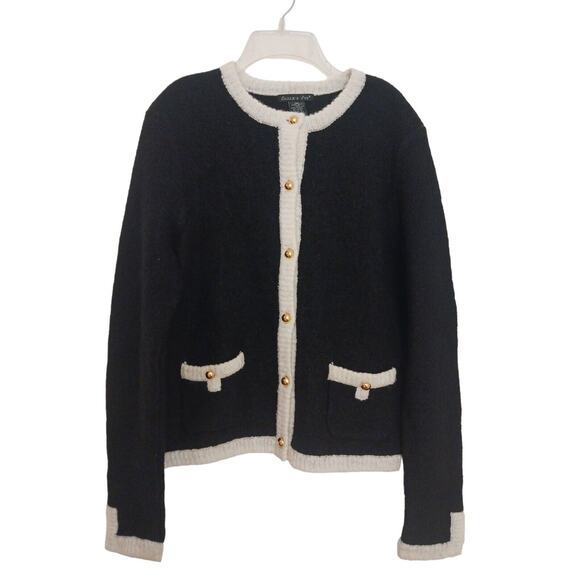 WOOL Cardigan Sweater Sz M BLACK White Gold Buttons Preppy Holiday Old Money Vtg - Picture 1 of 11